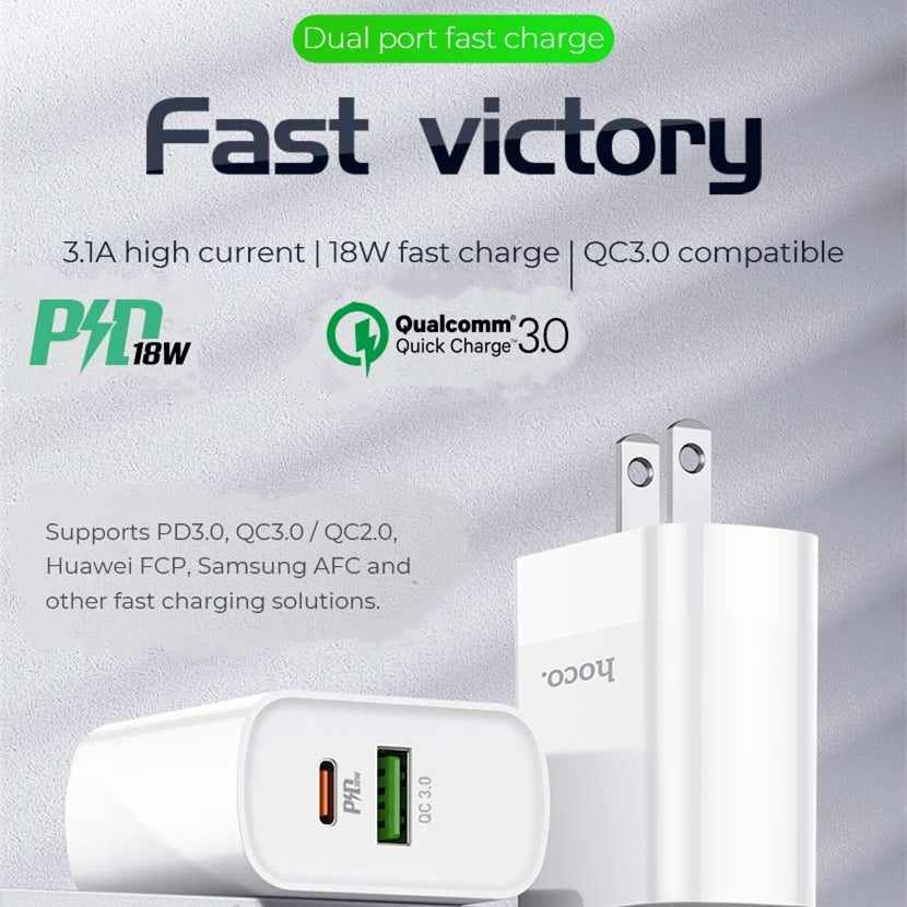 Chargeur mural rapide QC3.0 18 W USB-A et USB-C à double port Chargeur mural rapide QC3.0 18 W USB-A et USB-C à double port